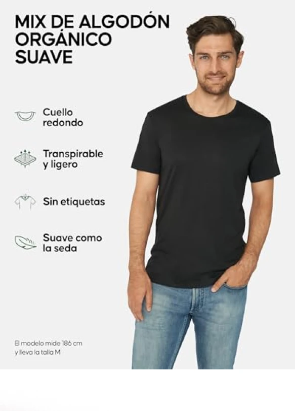 1_Camisetas de algodón orgánico para hombre, cuello redondo y en V. 2-Pack.