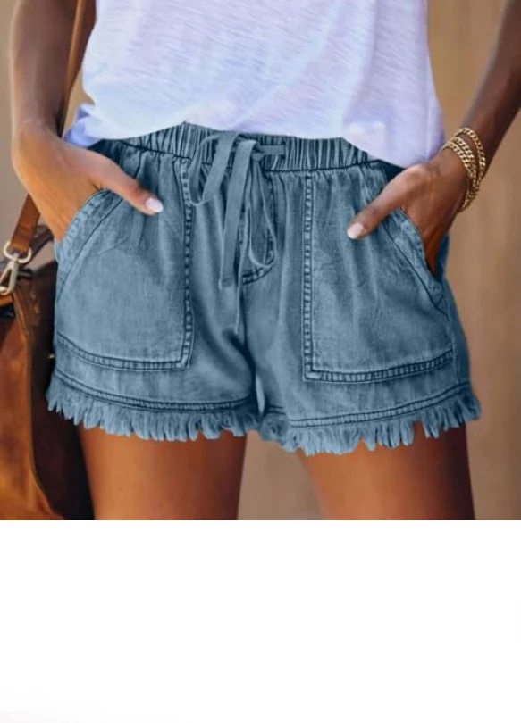 1_Pantalón Corto de Mujer, Verano, Sueltos de Cintura Alta, Denim con Bolsillos