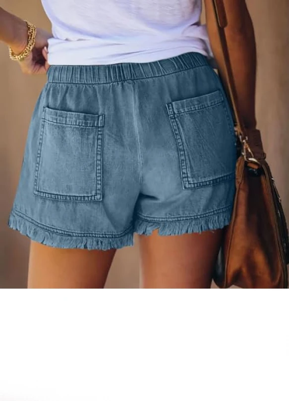 3_Pantalón Corto de Mujer, Verano, Sueltos de Cintura Alta, Denim con Bolsillos