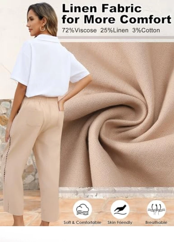 1_Pantalón de lino fresco y ancho para mujer con cintura alta, Voqeen