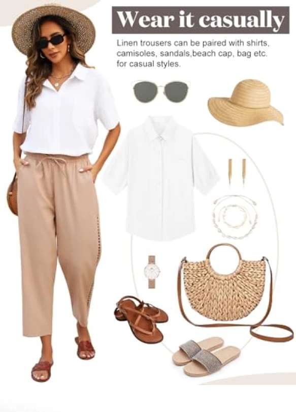 4_Pantalón de lino fresco y ancho para mujer con cintura alta, Voqeen