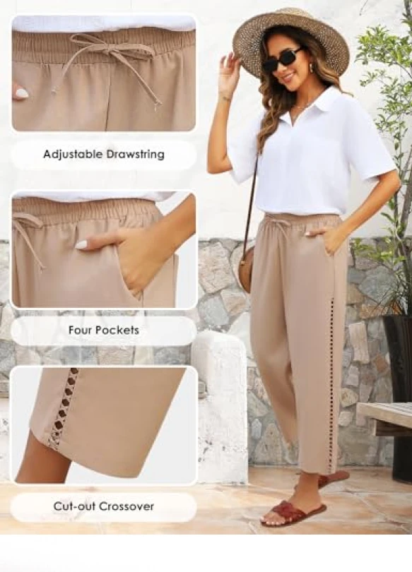 2_Pantalón de lino fresco y ancho para mujer con cintura alta, Voqeen