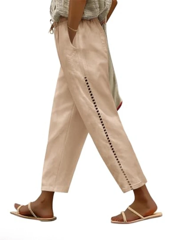 main_image_Pantalón de lino fresco y ancho para mujer con cintura alta, Voqeen