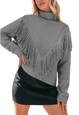 Suéter de mujer térmico con flecos, jersey de cuello alto elástico.