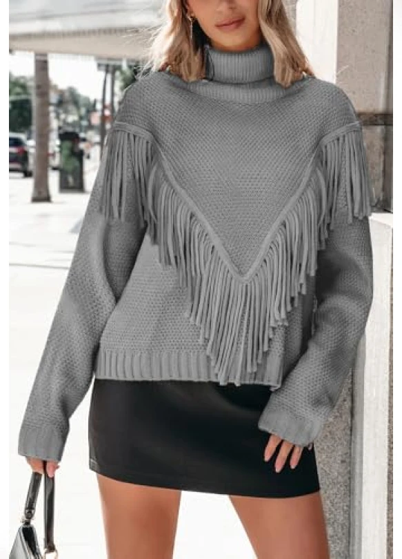 1_Suéter de mujer térmico con flecos, jersey de cuello alto elástico.