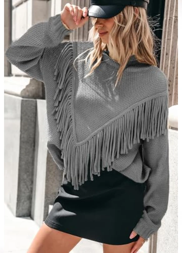 2_Suéter de mujer térmico con flecos, jersey de cuello alto elástico.