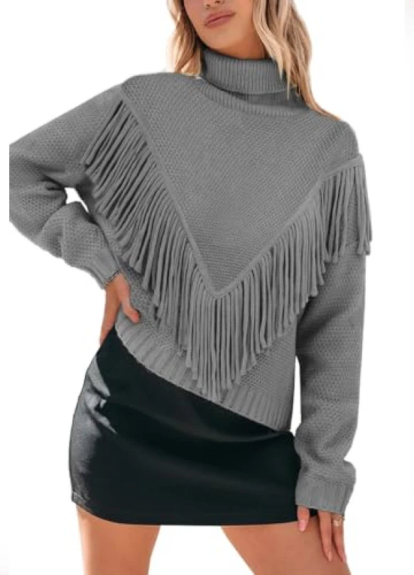 main_image_Suéter de mujer térmico con flecos, jersey de cuello alto elástico.