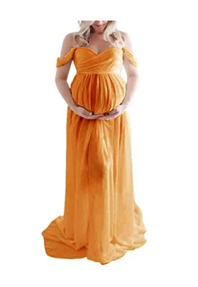 Vestido largo de encaje con abertura para embarazadas, ideal para fotos.