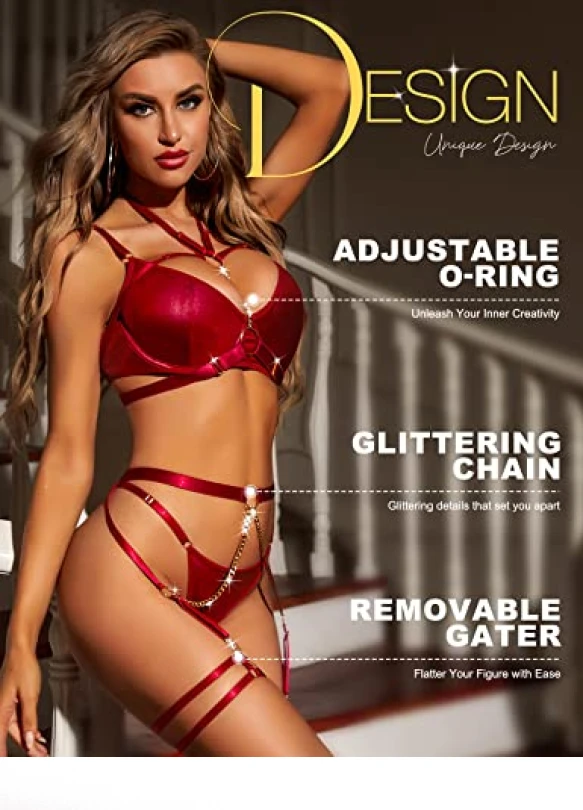 2_Lencería sexy para mujer, conjunto de sujetador y braguita con liga.
