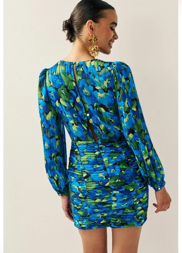 1_LONG SLEEVE RUCHED MINI - Vestido de tubo - blue green sparkle floral