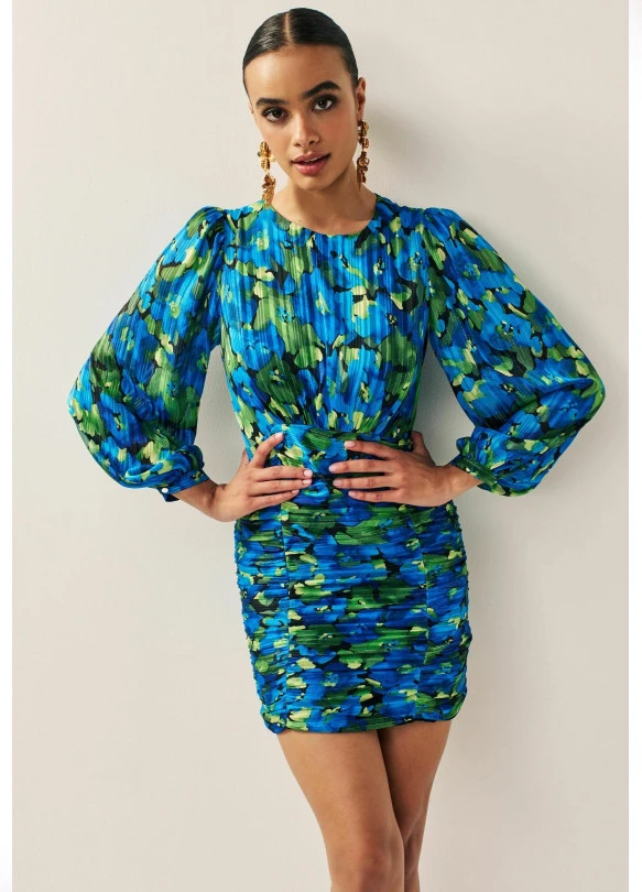 main_image_LONG SLEEVE RUCHED MINI - Vestido de tubo - blue green sparkle floral